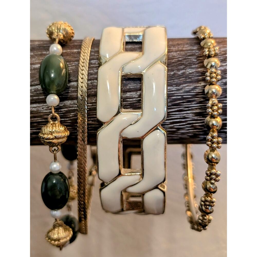 Four Bracelet Lot of Cream Enamel Chain Link Hinged Bangle, Green Stone & More